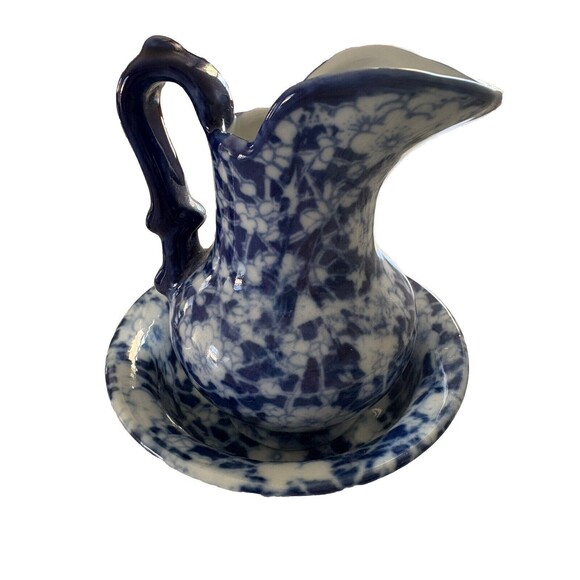 Vintage Antique Victoria Ware Ironstone Small 4" Pitcher & 4" Basin Calico Blue - Picture 2 of 10